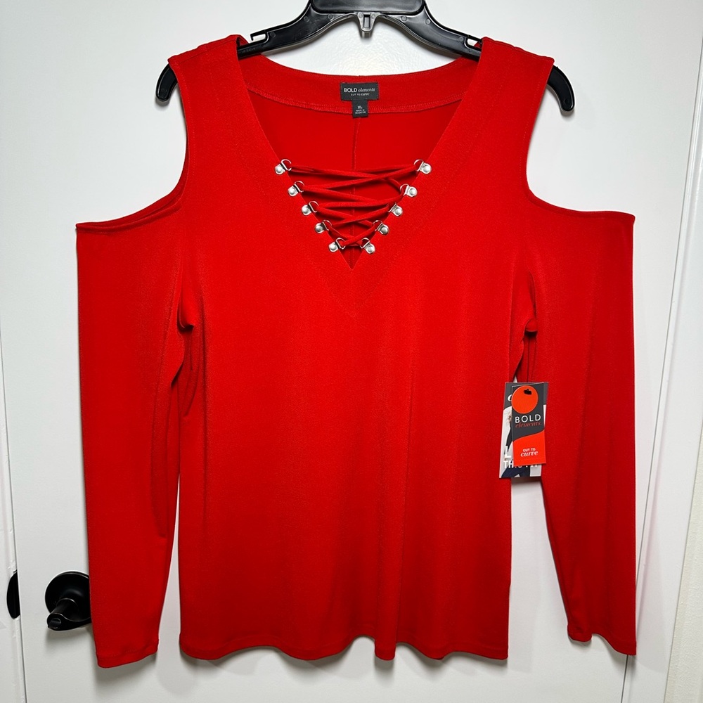BOLD elements Red Long Sleeve Cut-Out Embellished Blouse